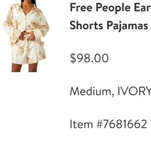 Free people pajama shirt set sz med